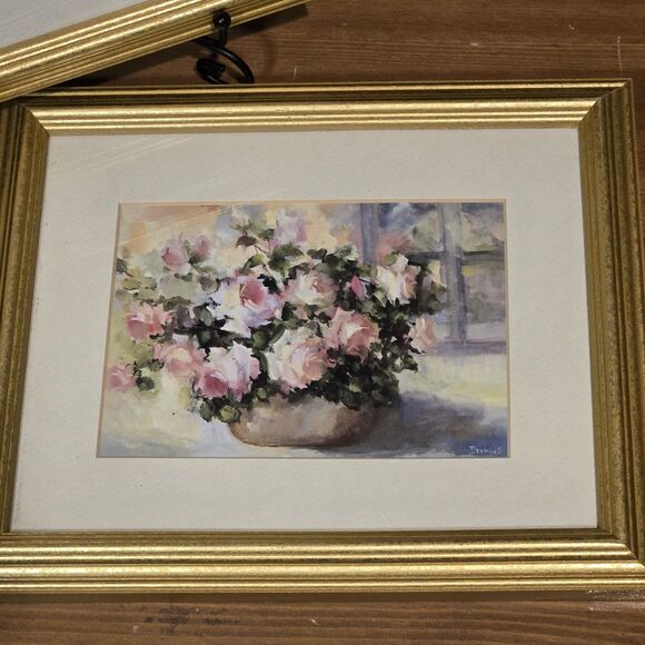 (2) Vtg Art Prints Pink Roses In Vase Penny Dermand Framed Gold 11.5 X 9.5 - Picture 5 of 7
